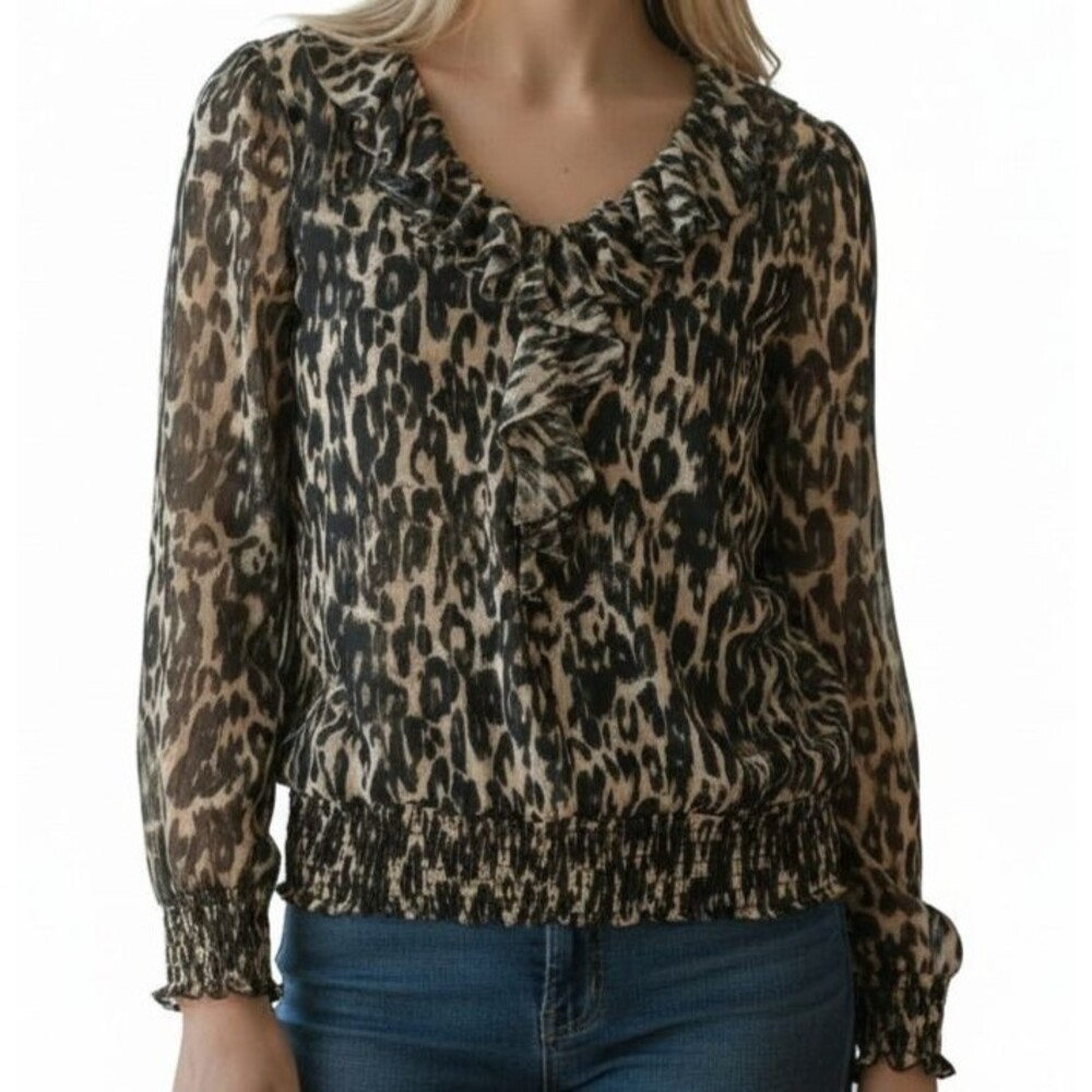 Charter Club Leopard Chiffon Ruffle V-Neck Long Sleeve Blouse Top Medium Brown